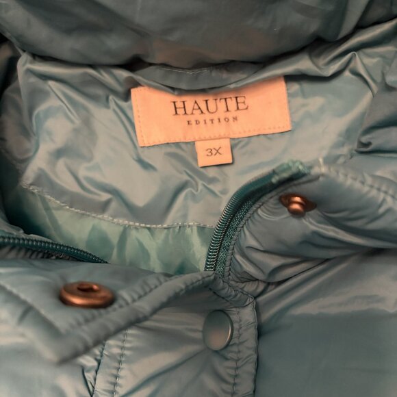 Womens Winter Coat with Fur Trim Hood-Teal with Brown Faux Fur, sz 3X - Picture 10 of 13